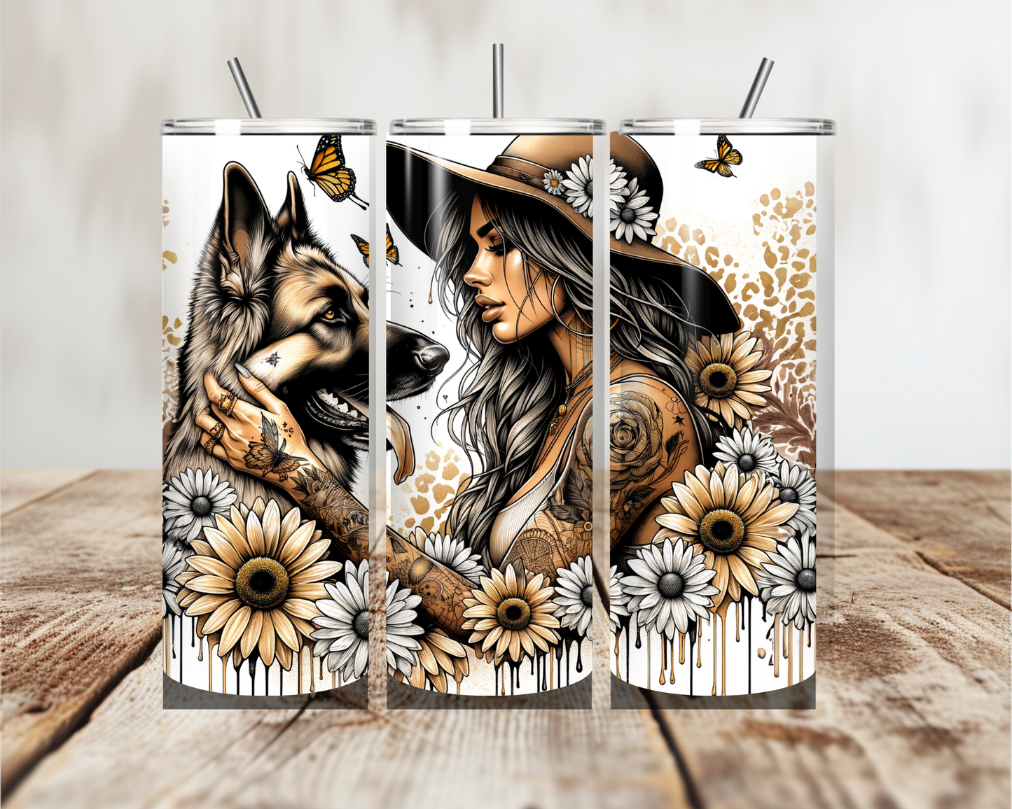 German Shepperd & female Tumbler and flower back ground 20oz 600ml